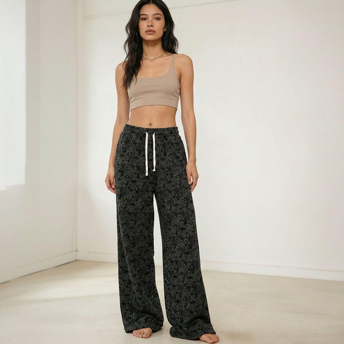 Pantalón de Buzo Algodón Flores Palazzo Térmico Forrado En Chiporro Wide Leg-3
