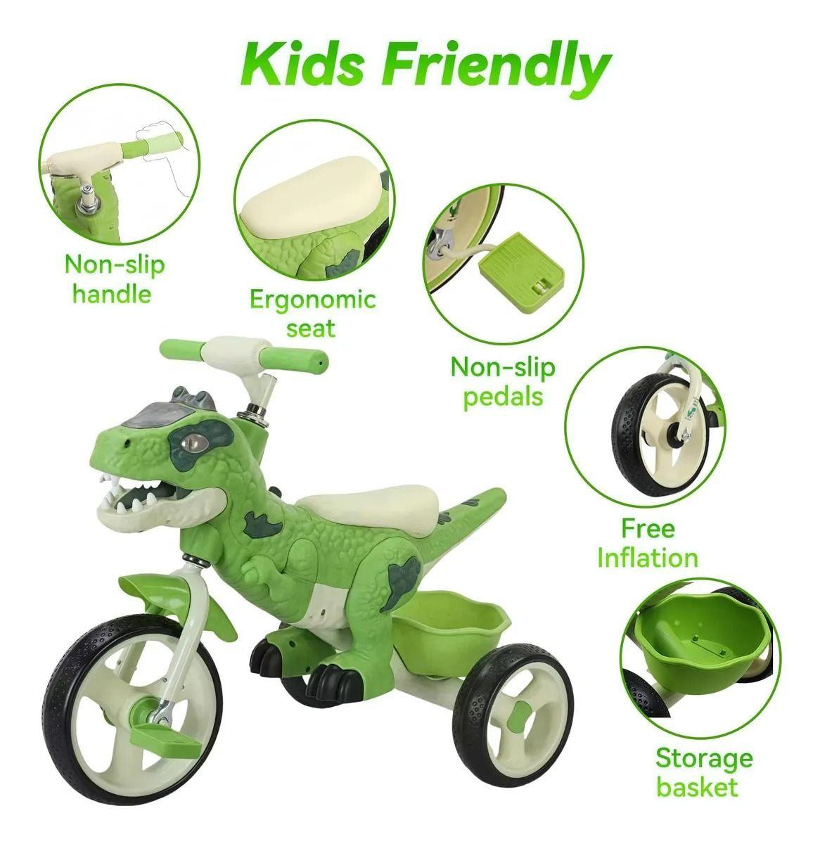 Triciclo Infantil Dino Rex Con Luz y Bluetooth Green-4