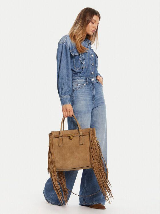 Cartera Michael Kors Hamilton Moderne LG Satchel de Cuero Gamuza Camel con Flecos-3