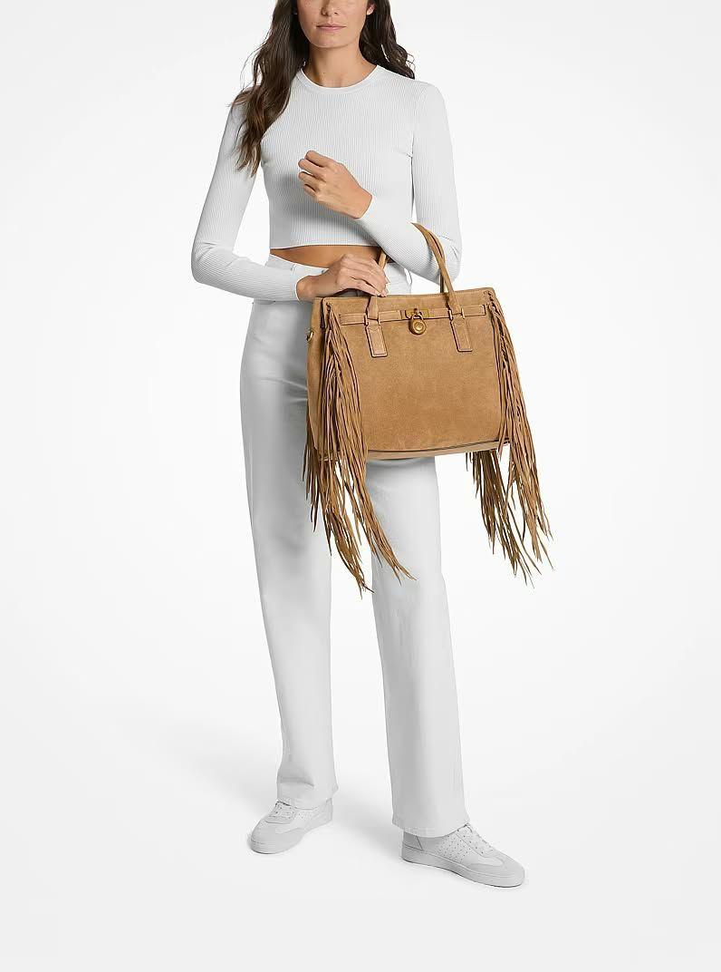 Cartera Michael Kors Hamilton Moderne LG Satchel de Cuero Gamuza Camel con Flecos-4