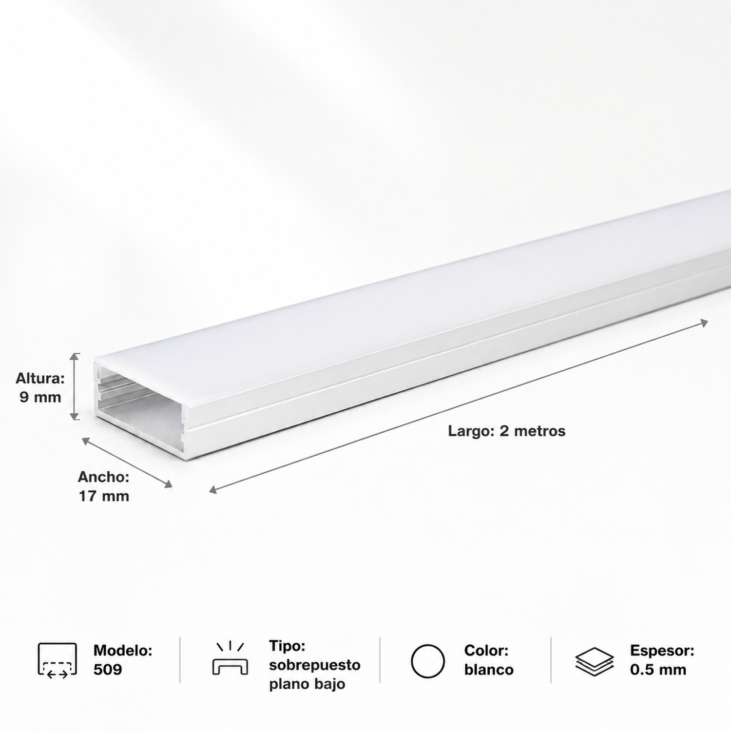 Perfil 2 metros 509 sobrepuesto plano bajo Color blanco 0.5mm Konnergie-4