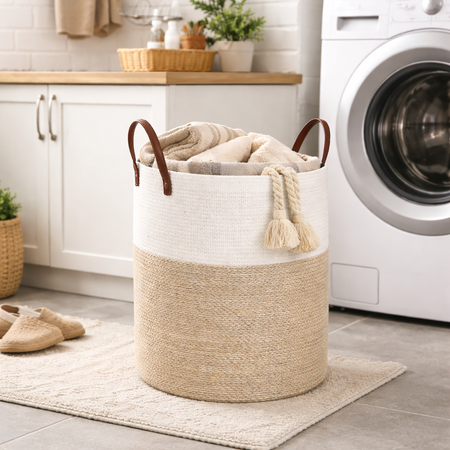Cesta Canasta tejida Beige Blanca 60 Litros-2