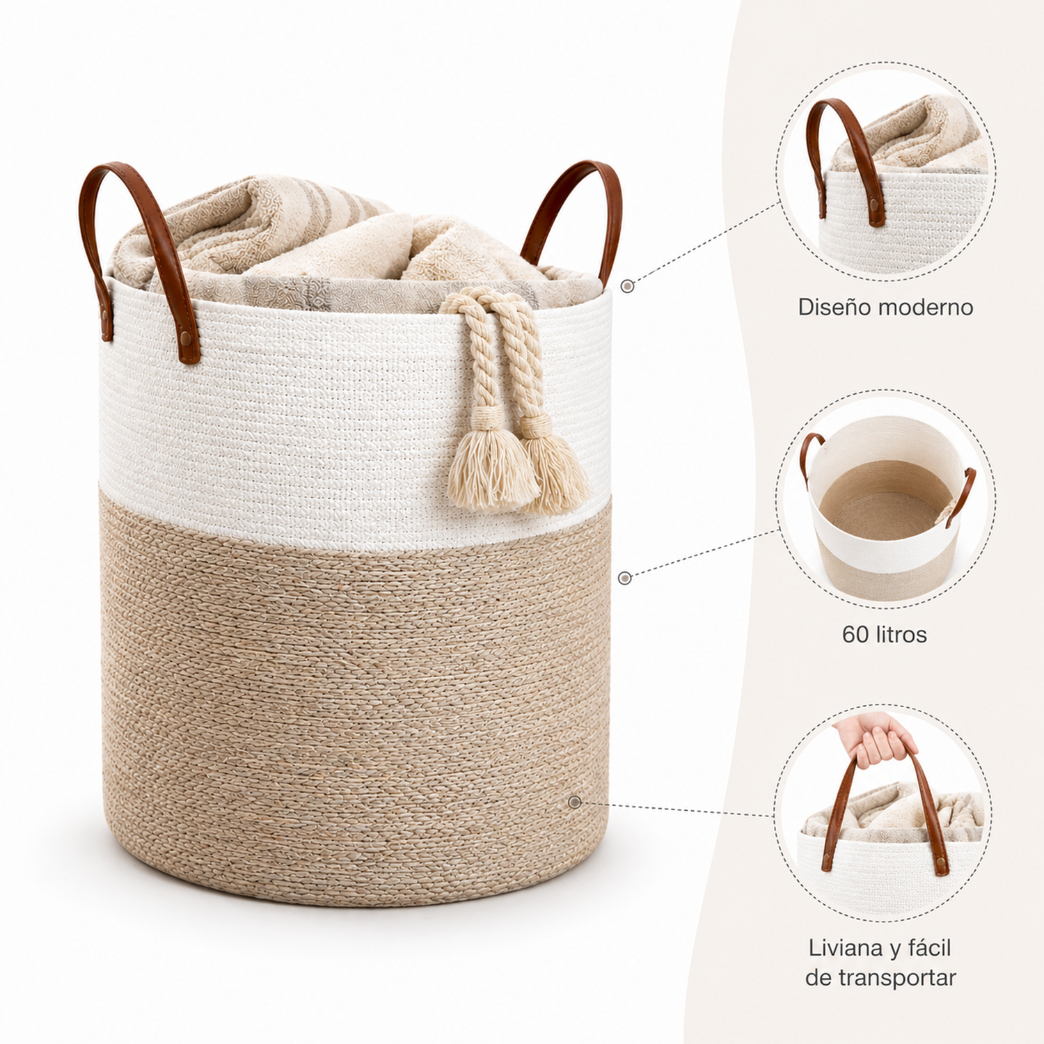 Cesta Canasta tejida Beige Blanca 60 Litros-4