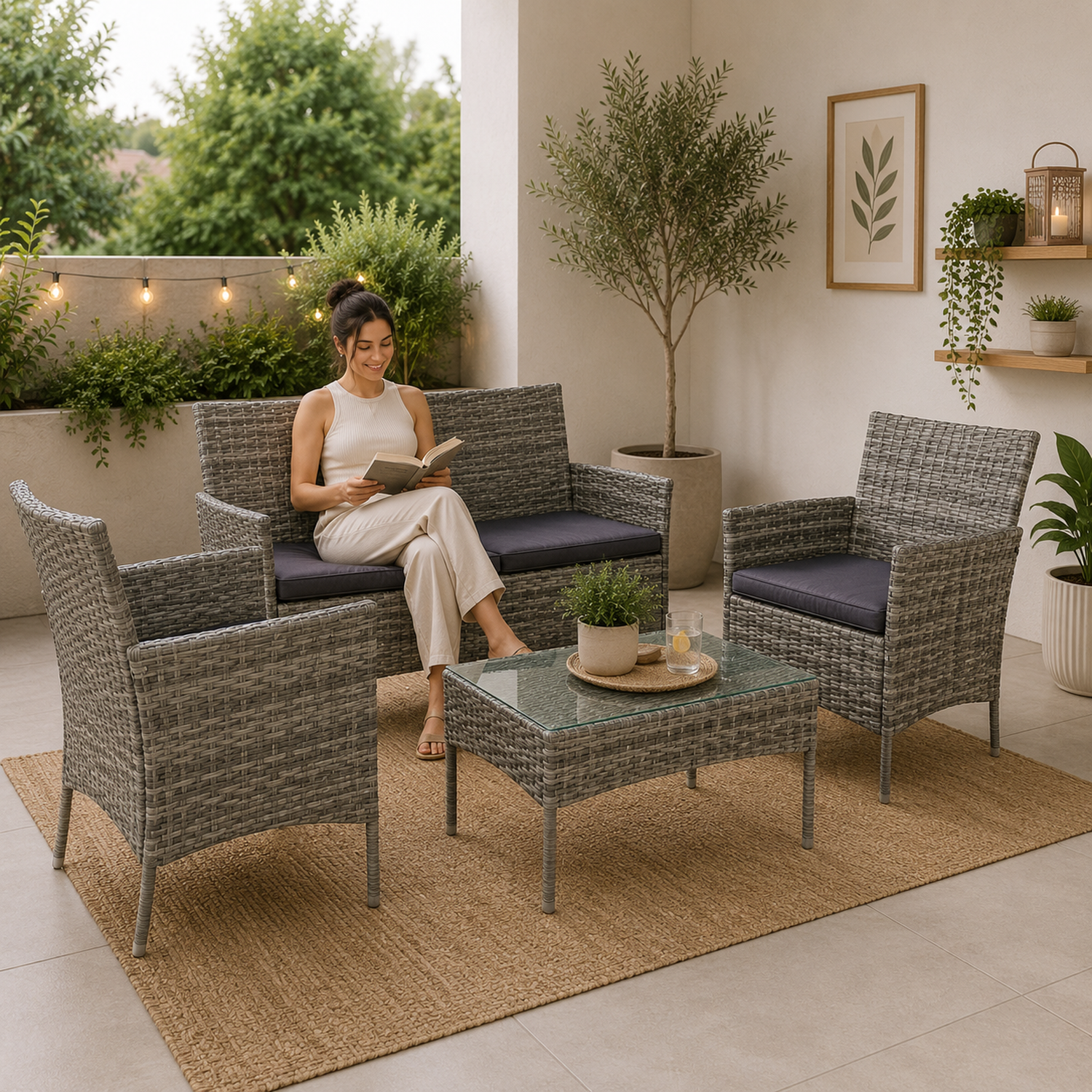 Juego Terraza 4 Piezas Gris Rattan-4
