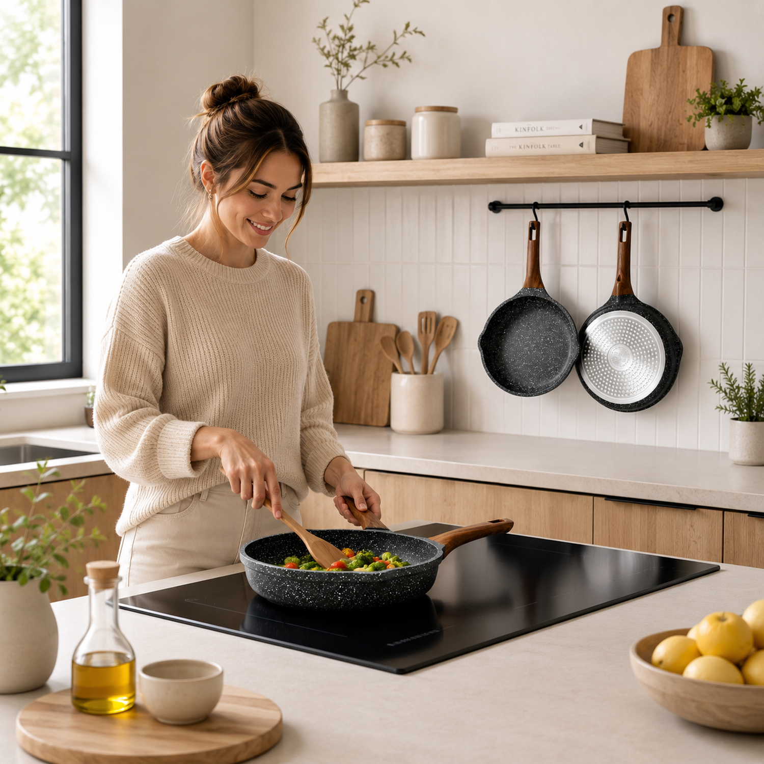 Sartén Antiadherente Efecto Piedra con Mango Madera-2