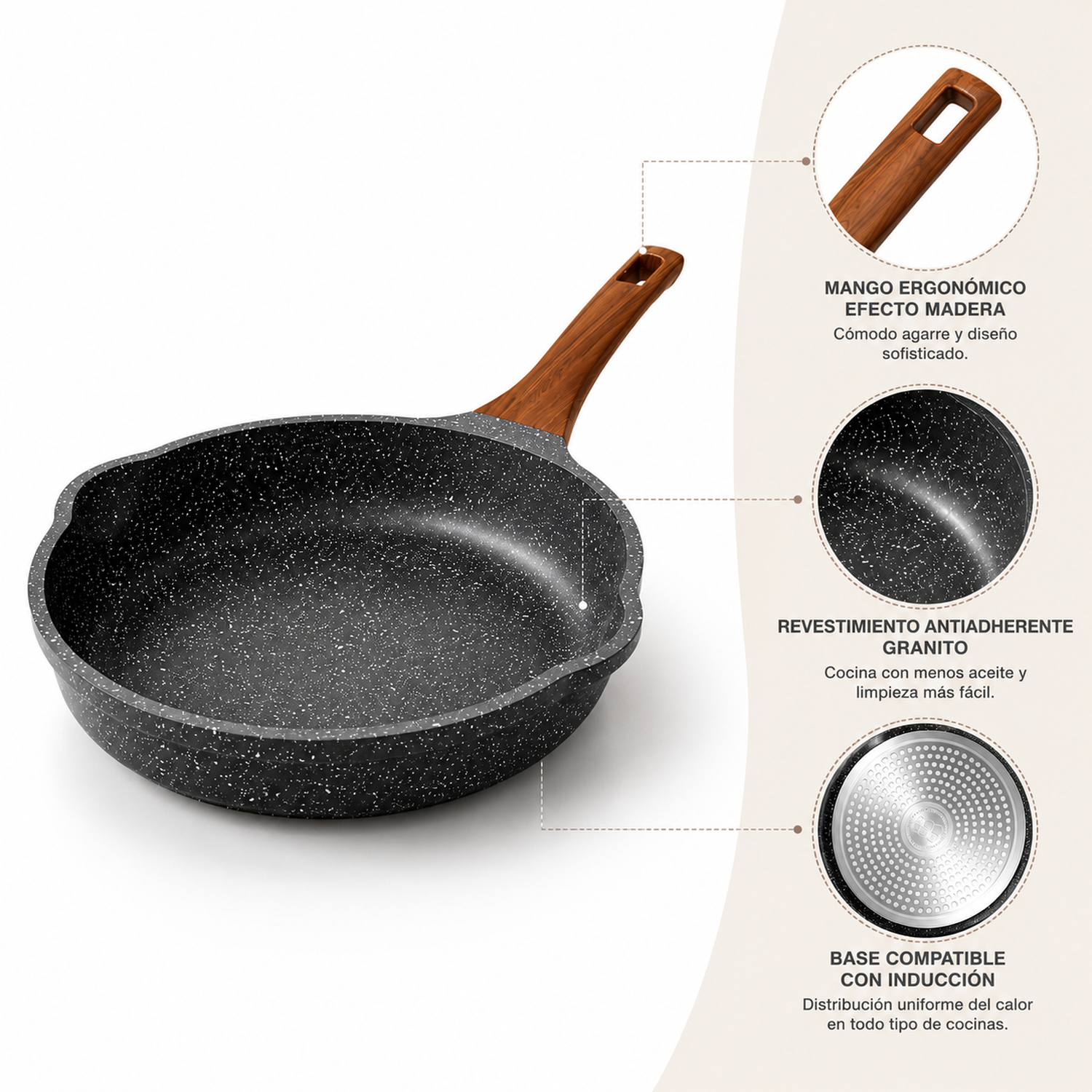 Sartén Antiadherente Efecto Piedra con Mango Madera-3