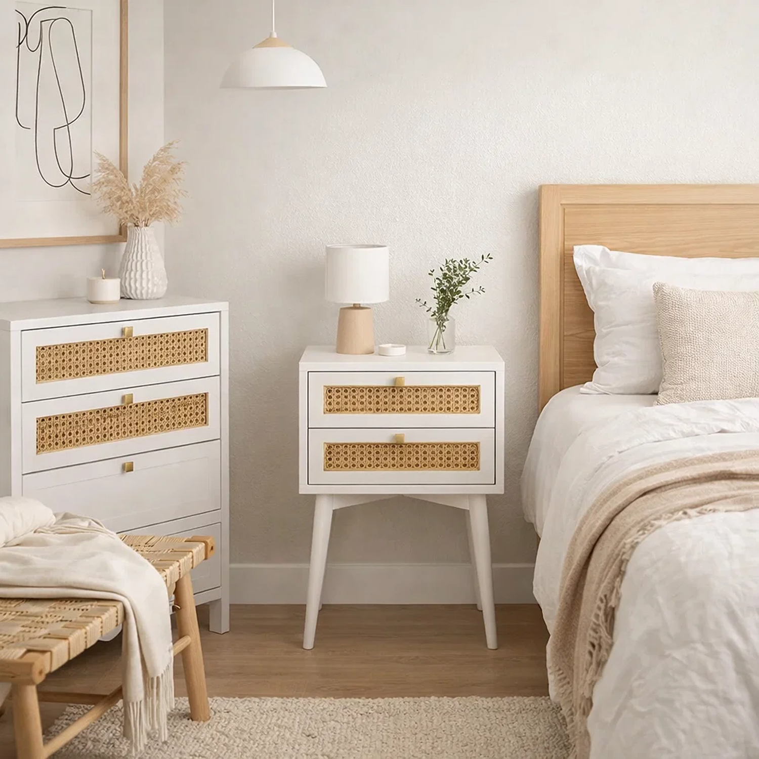 Velador Rattan 2 Cajones Blanco-2
