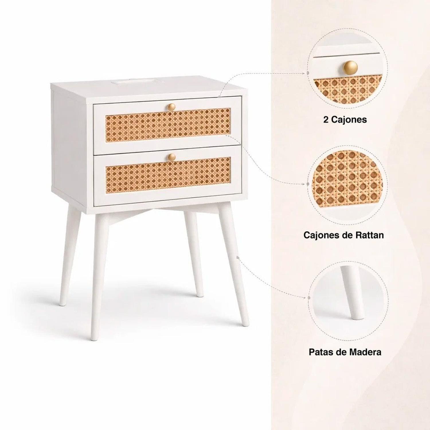 Velador Rattan 2 Cajones Blanco-4