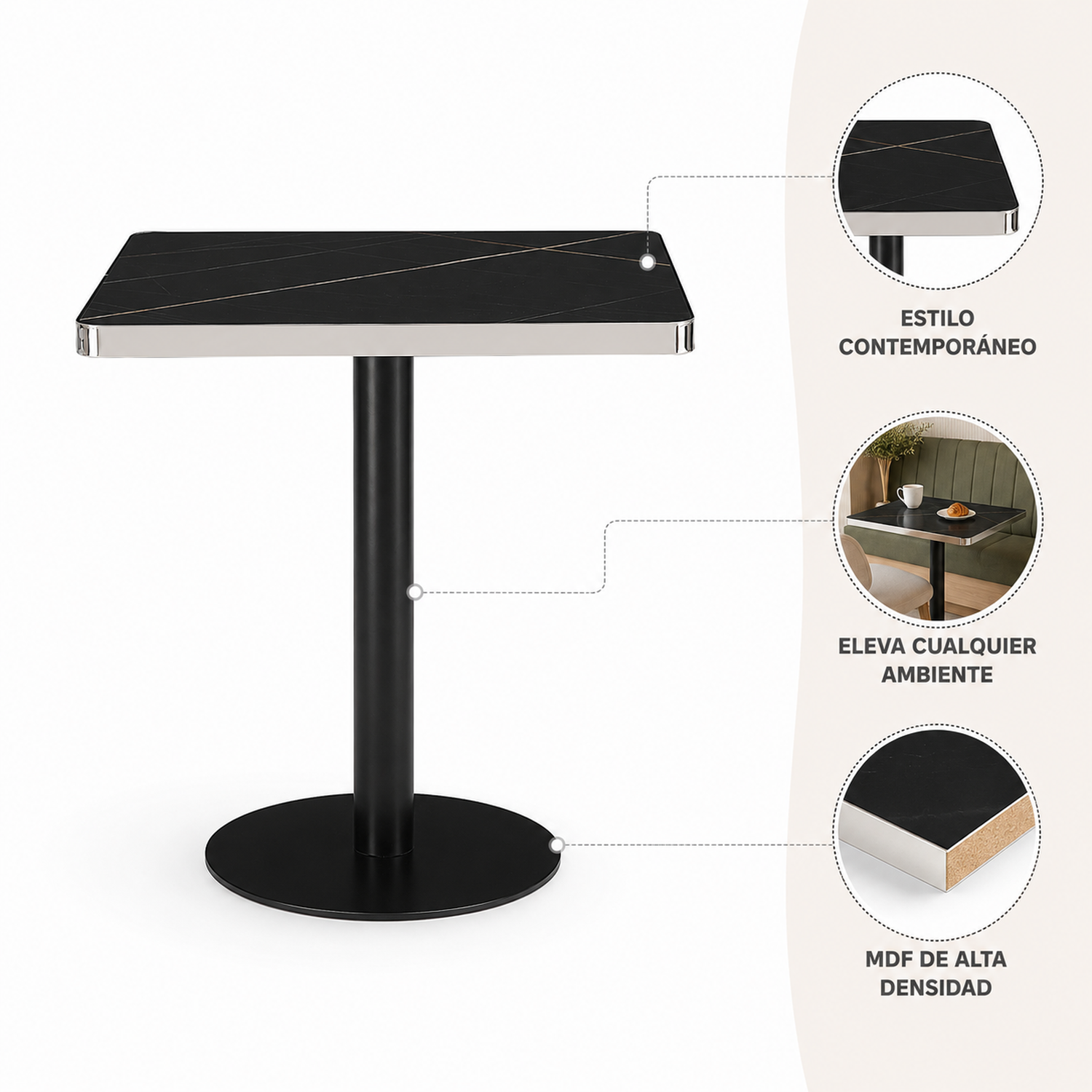 Mesa Parisina 70x70 Negra Ribete Plateado-4