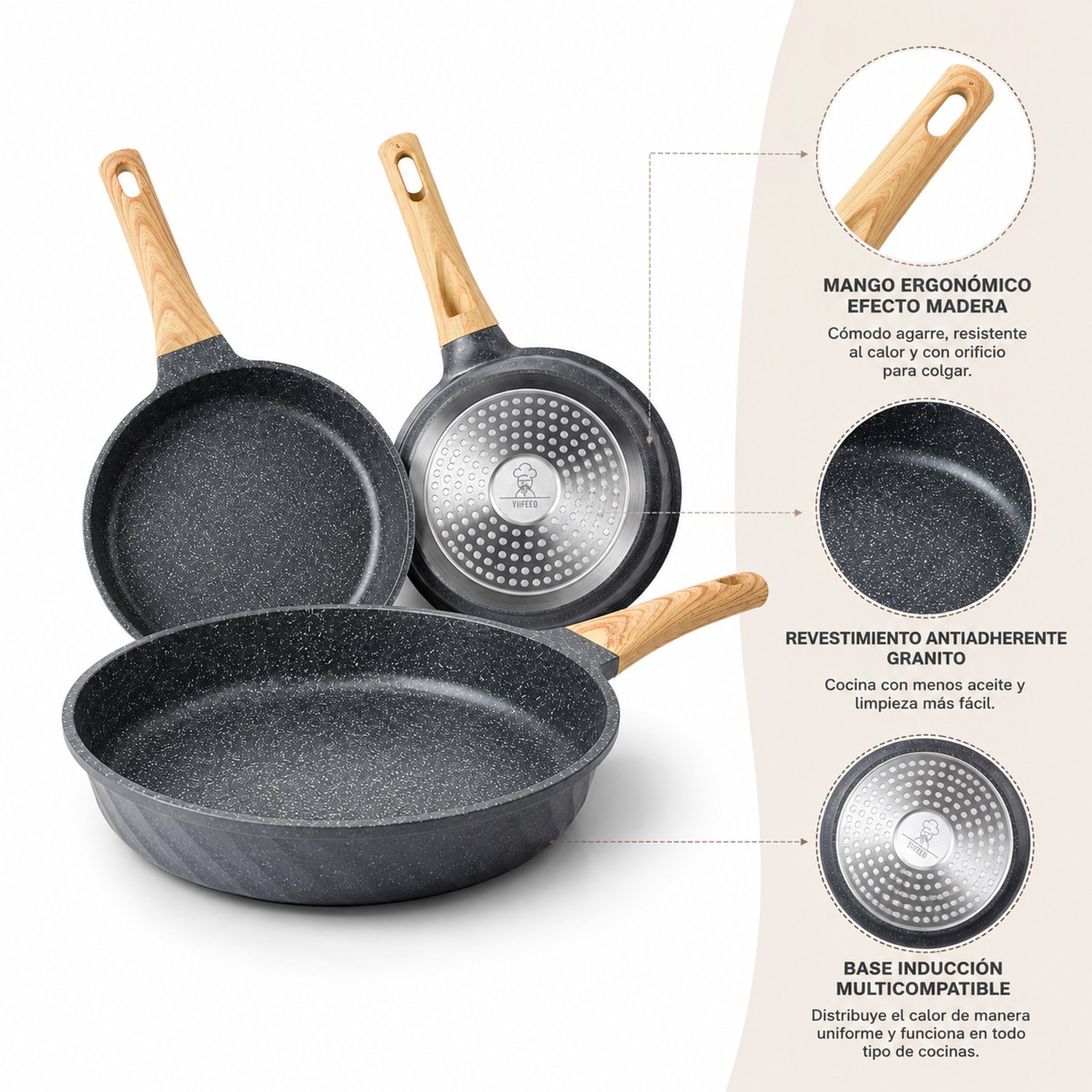 Set de Sartenes Antiadherentes Efecto Piedra con Mango Madera-3