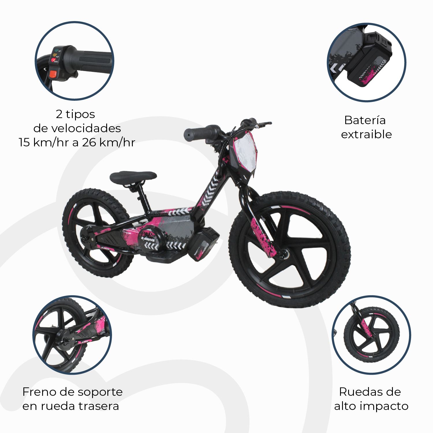 Bicicleta Moto Eléctrica E-Bike BeRide Aro 16 Rosada-9