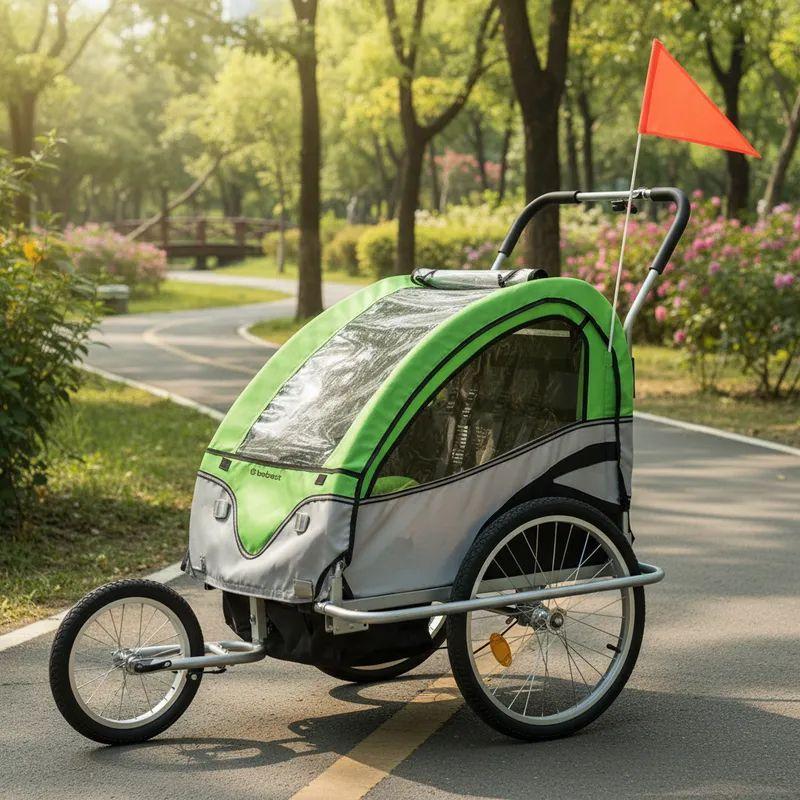 Carro arrastre trailer para bicicletas 2 niños BeRide Verde-1