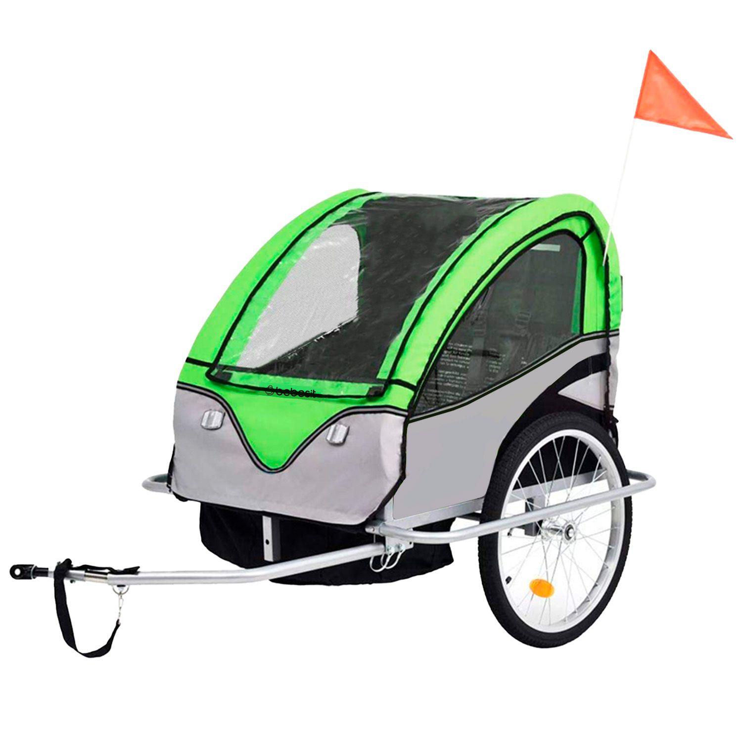 Carro arrastre trailer para bicicletas 2 niños BeRide Verde-2