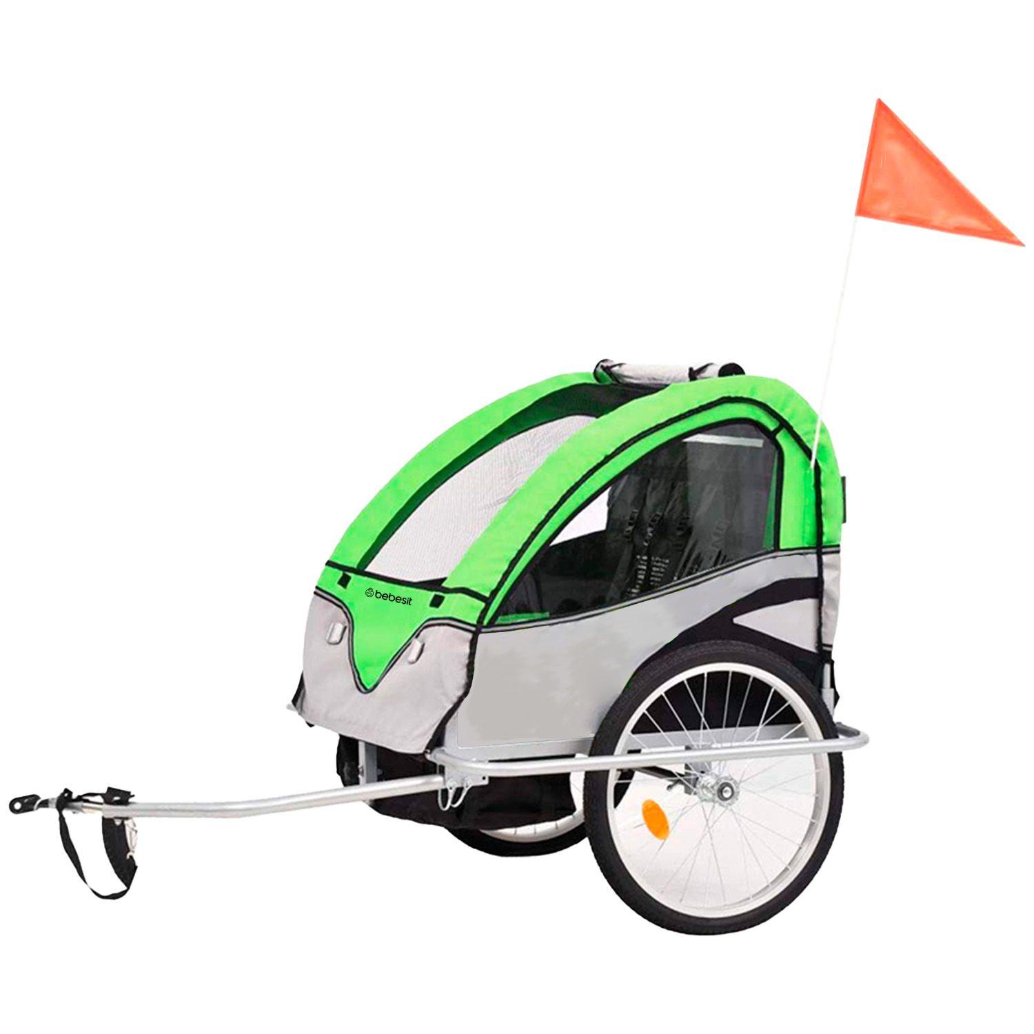 Carro arrastre trailer para bicicletas 2 niños BeRide Verde-3