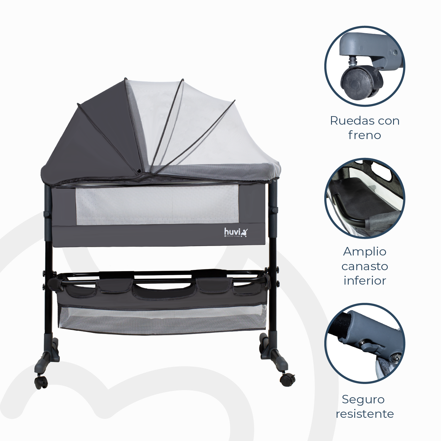 Cuna Colecho Cozy con Colchón Mosquitero Canasto Negro Huvi-3