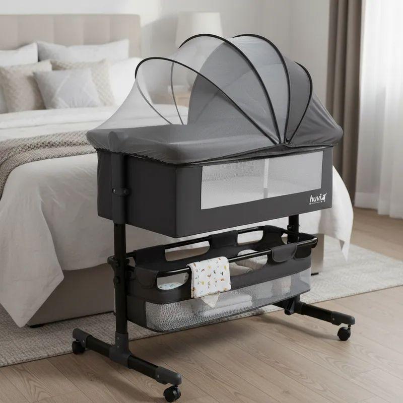 Cuna Colecho Cozy con Colchón Mosquitero Canasto Negro Huvi-1