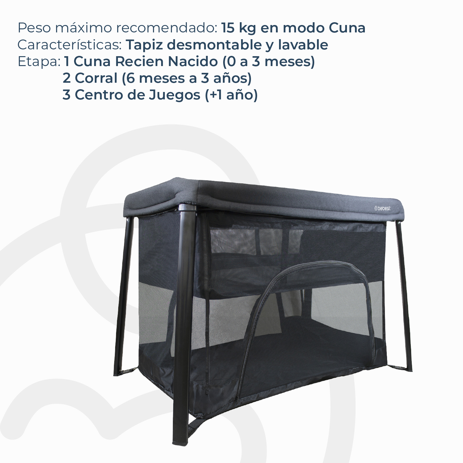 Cuna Corral 3 en 1 Eclipse Safe & Sleep Negro Bebesit-5
