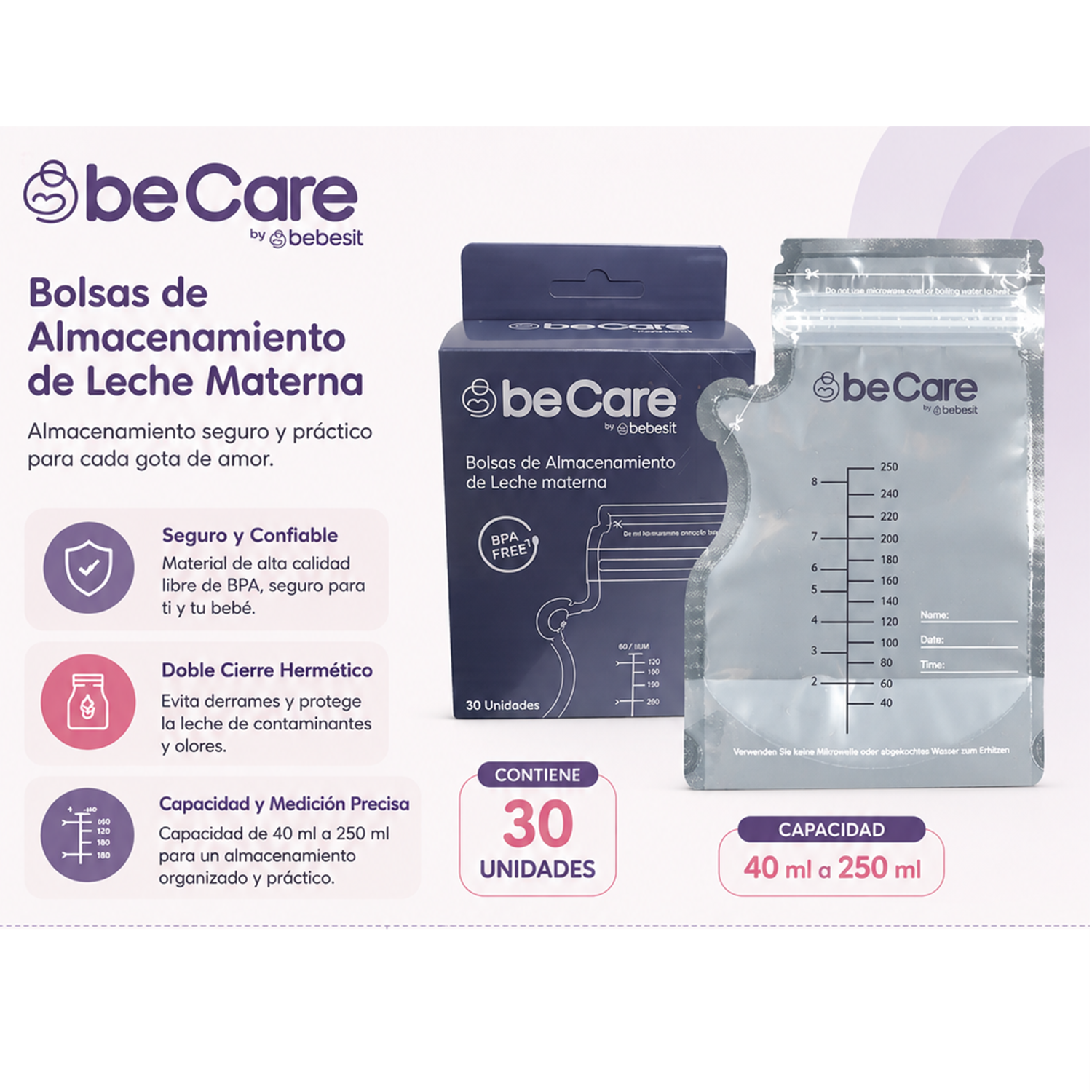 Pack 30 Bolsas Para almacenar Leche Materna 200 Ml Bebesit-2