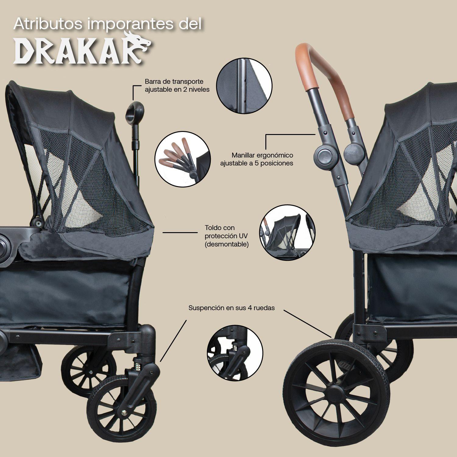 Coche y Carro de Paseo Doble Wagon Drakar Negro-2