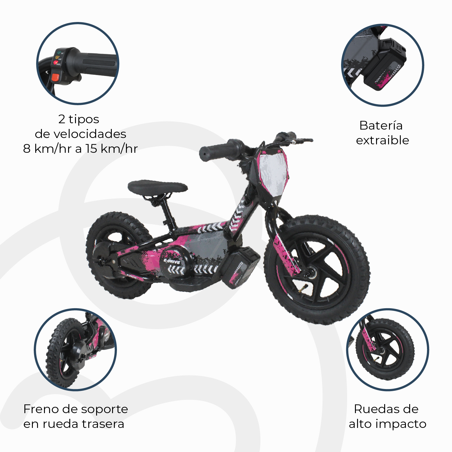 Bicicleta Moto Eléctrica E-Bike BeRide Aro 12 Rosada-7