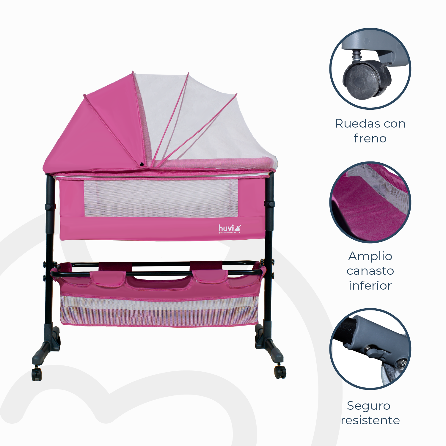 Cuna Colecho Cozy con Colchón Mosquitero y Canasto Rosa Huvi-4