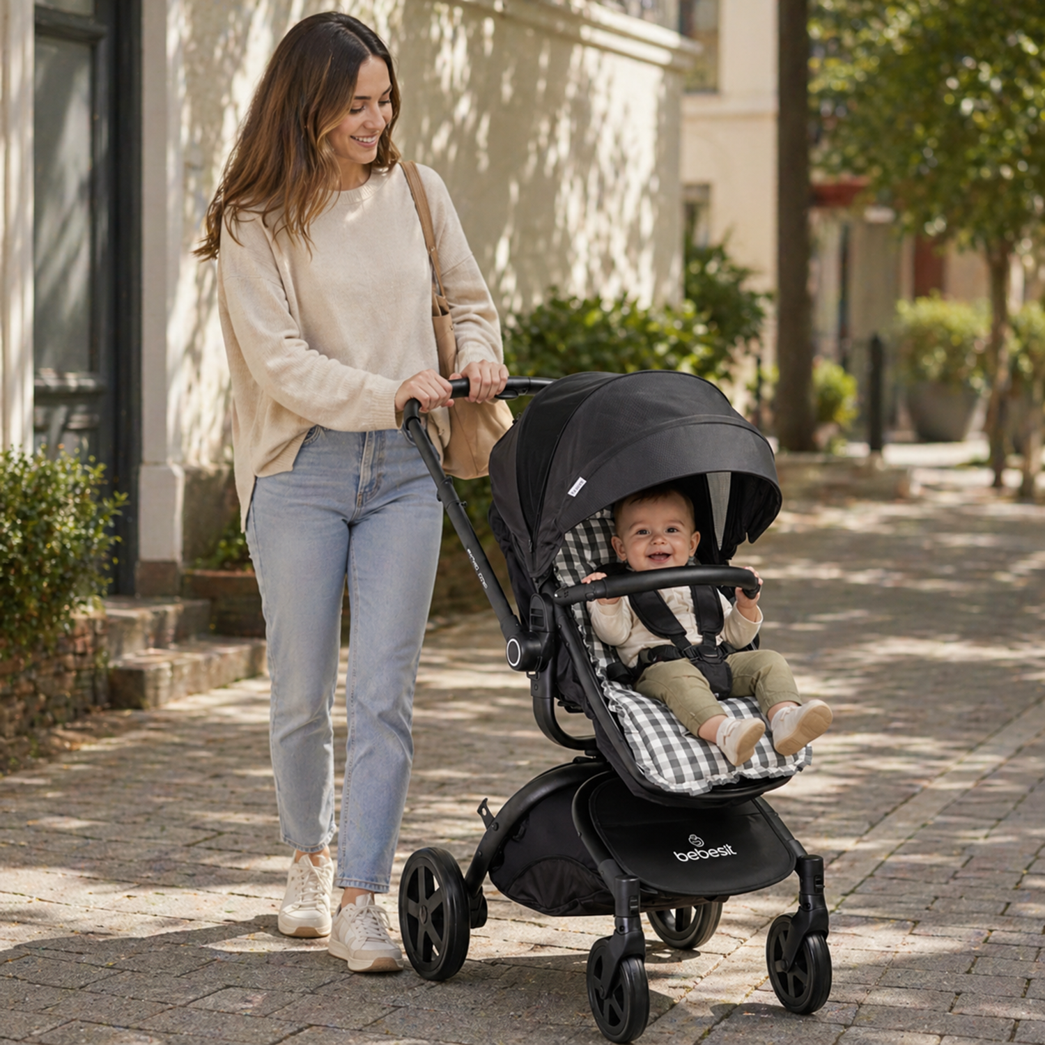 Cojín Universal Coche Paseo Diseño Cuadros Gris 40 x 80 cm-3