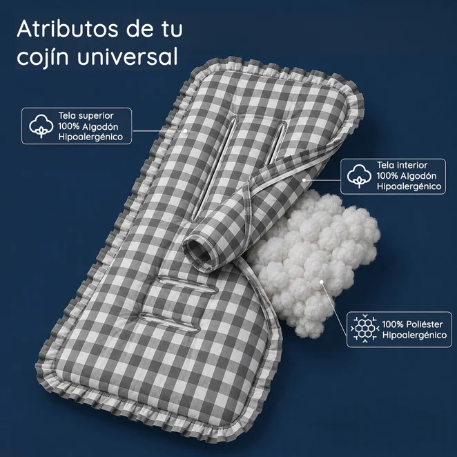 Cojín Universal Coche Paseo Diseño Cuadros Gris 40 x 80 cm-2