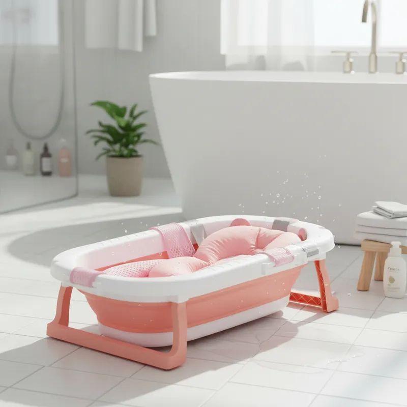 Bañera Plegable Bebe con Cojin Almohada y reductor Rosada-1