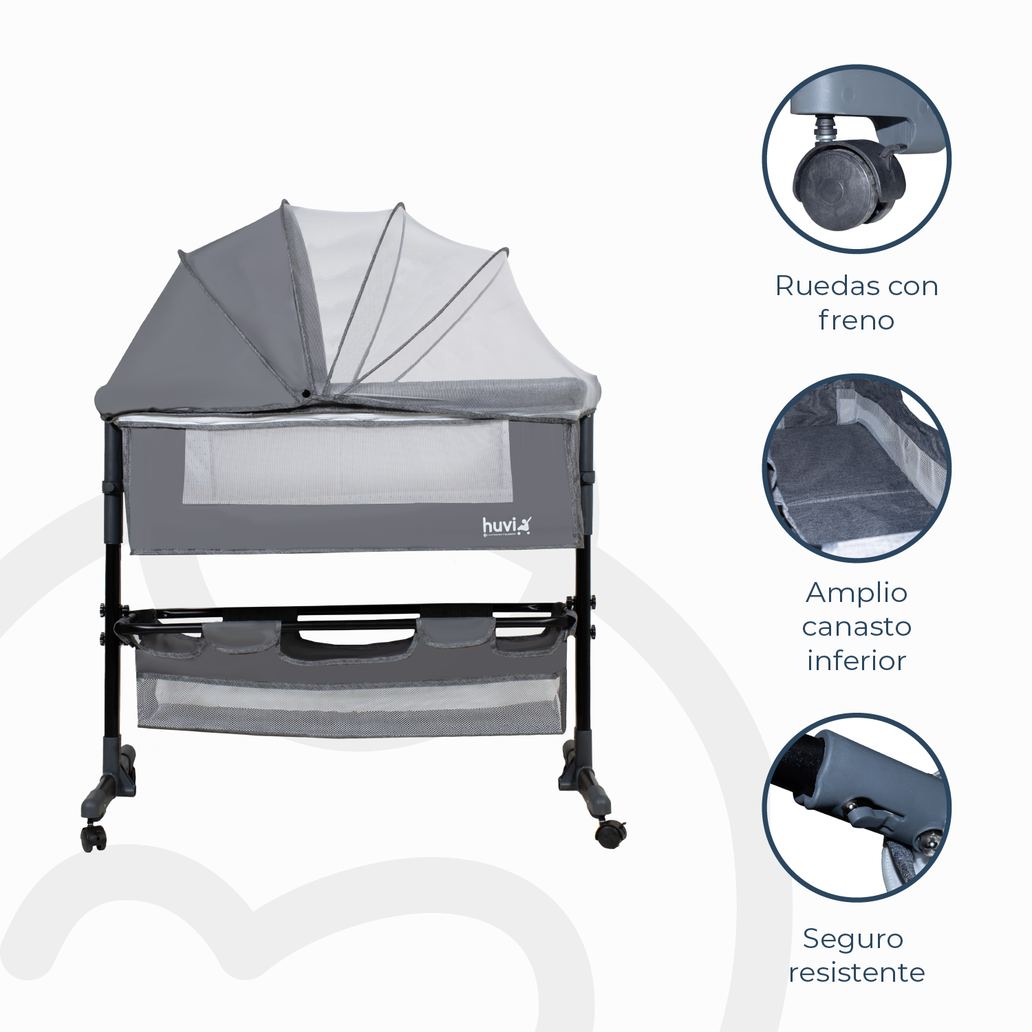 Cuna Colecho Cozy con Colchón Mosquitero y Canasto Gris Huvi-4