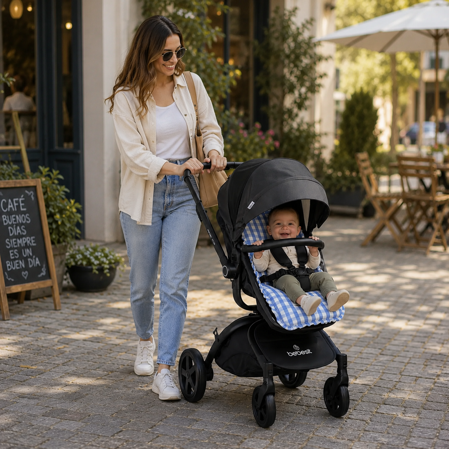 Cojín Universal Coche Paseo Diseño Cuadros Celeste 40 x80 cm-4