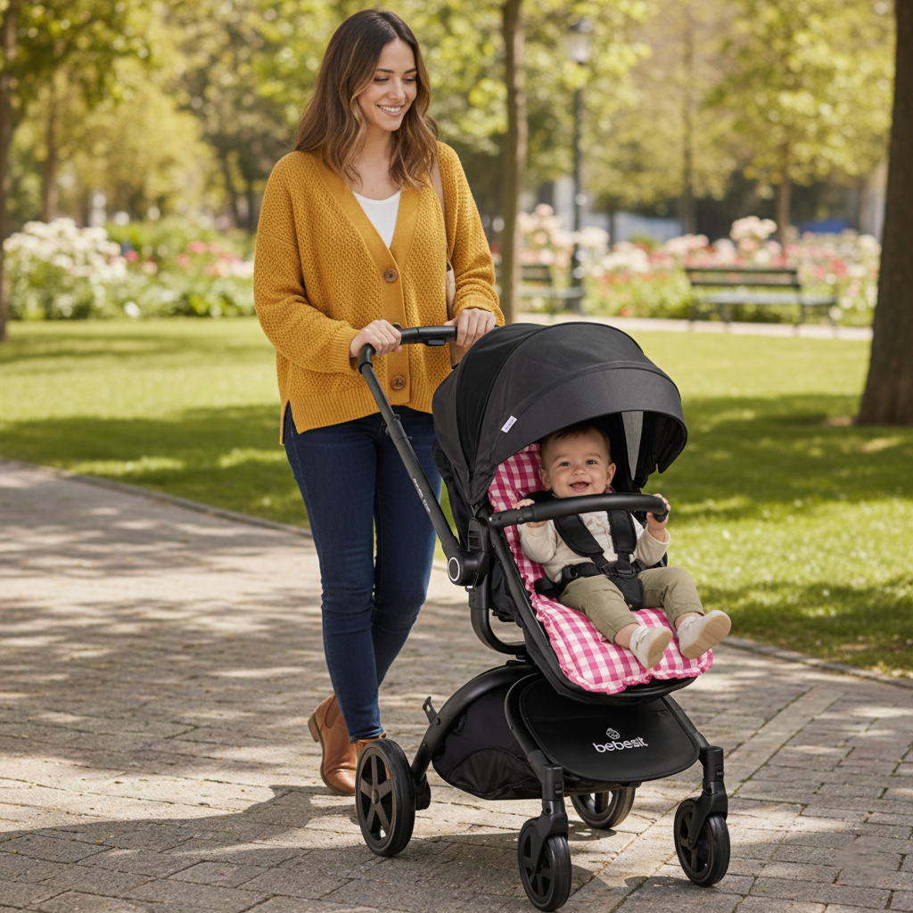 Cojín Universal Coche Paseo Diseño Cuadros Rosado 40 x 80 cm-3