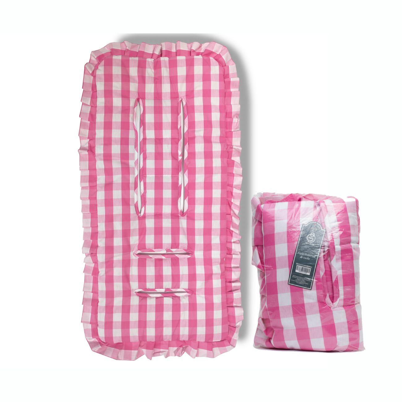 Cojín Universal Coche Paseo Diseño Cuadros Rosado 40 x 80 cm-4