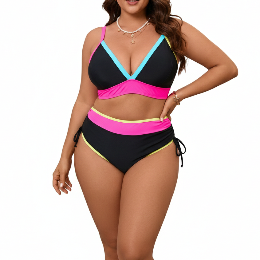 Bikini Tiro Alto Negro Bordes Neón-0