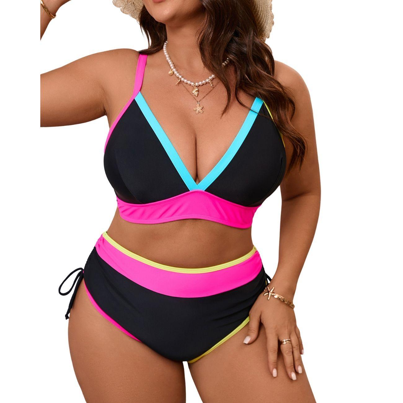 Bikini Tiro Alto Negro Bordes Neón-1