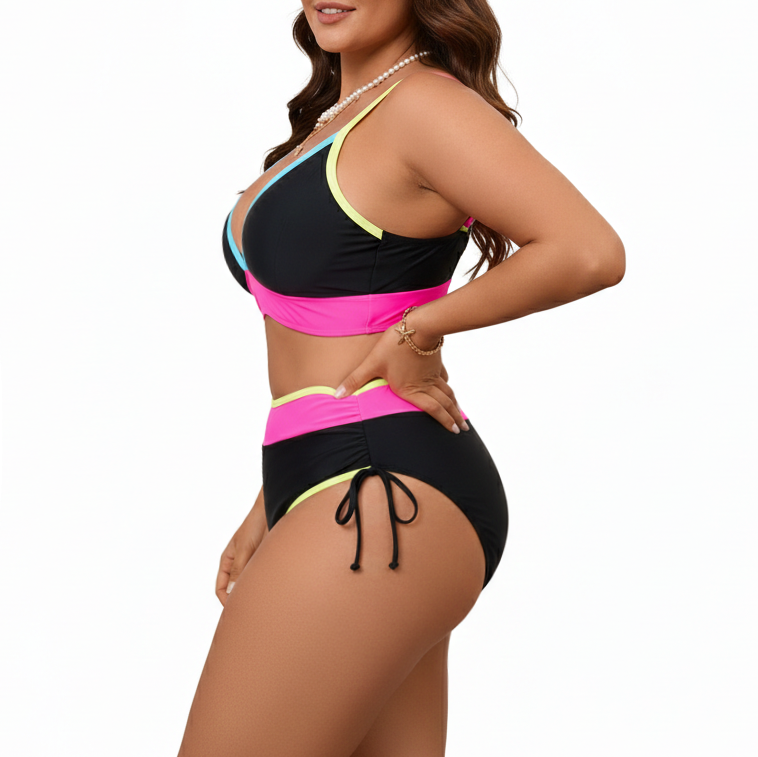 Bikini Tiro Alto Negro Bordes Neón-2