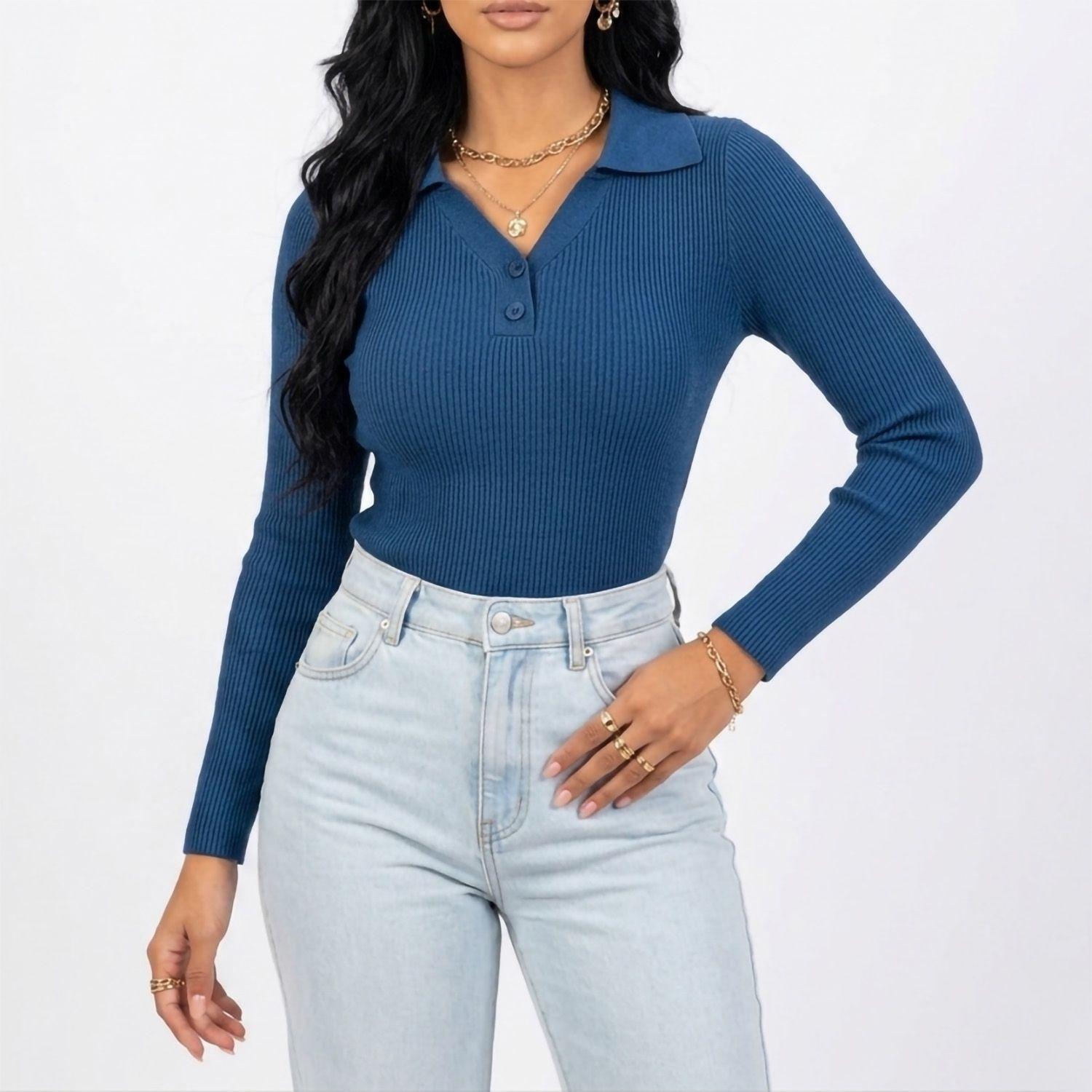 Sweater básica mujer cuello pique colores-0