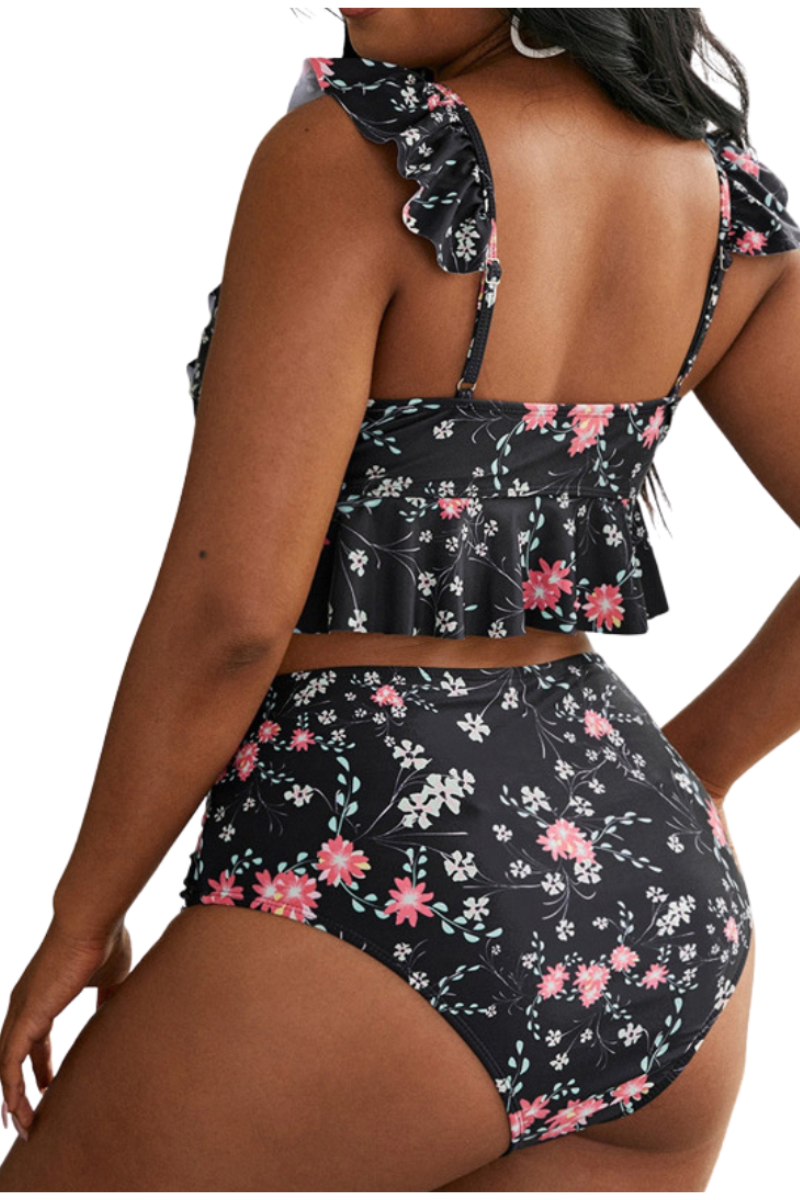 Bikini tiro alto vuelos flores escote V-2