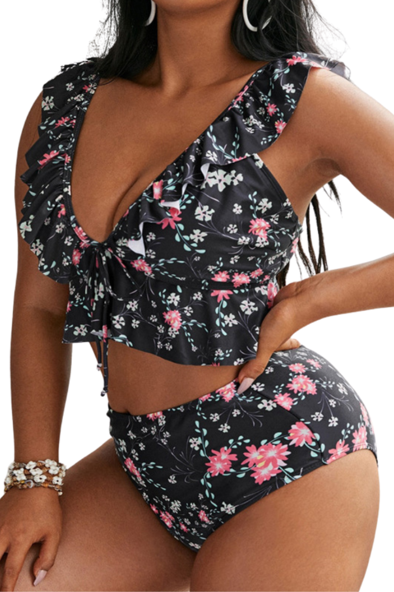 Bikini tiro alto vuelos flores escote V-1