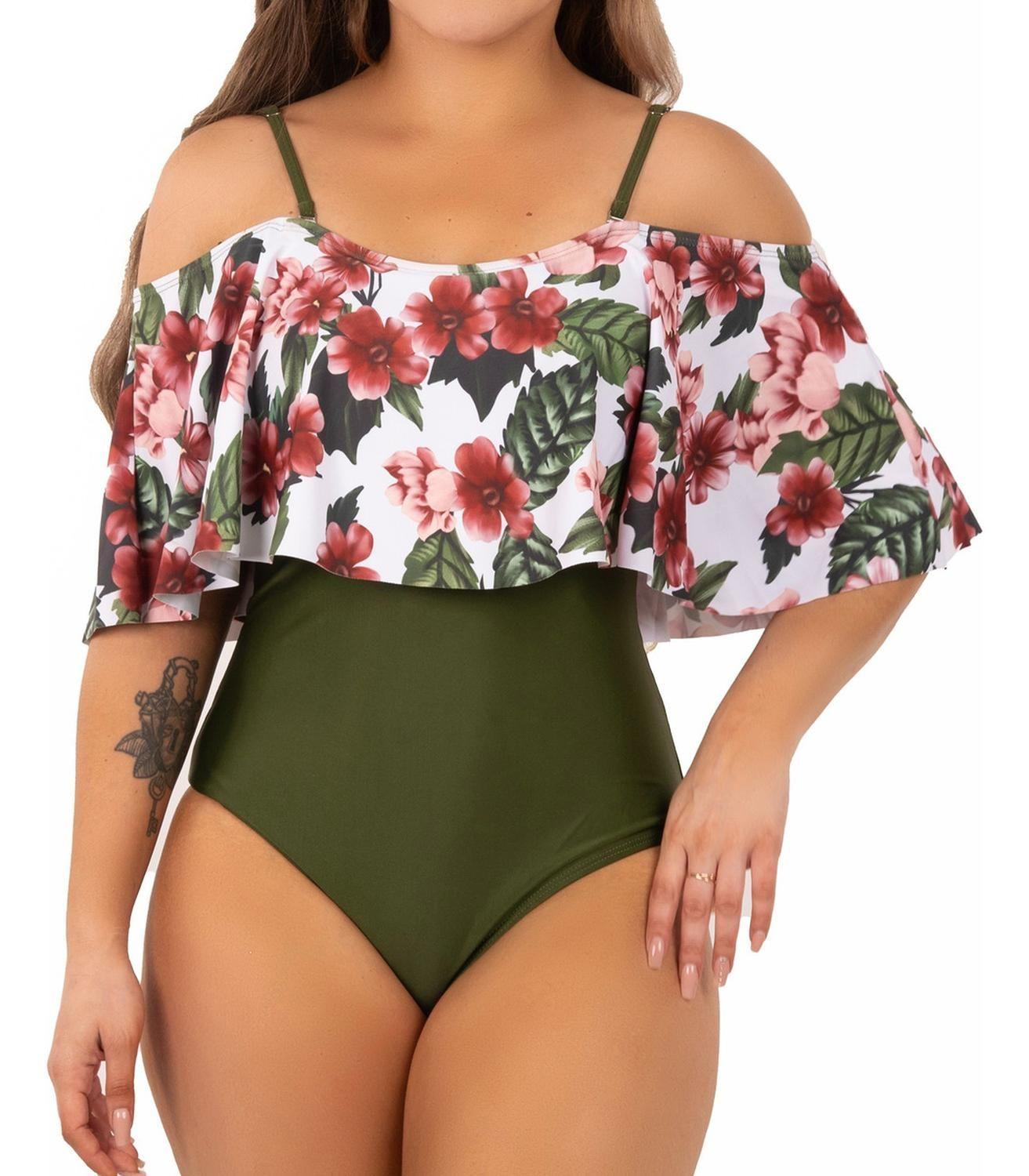 Traje De Baño Floral Sin Hombros Verde Olivo Lu-2