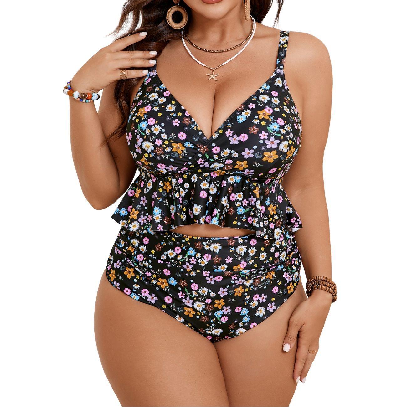 Bikini Tiro Alto Negro Floreado con Vuelos-0
