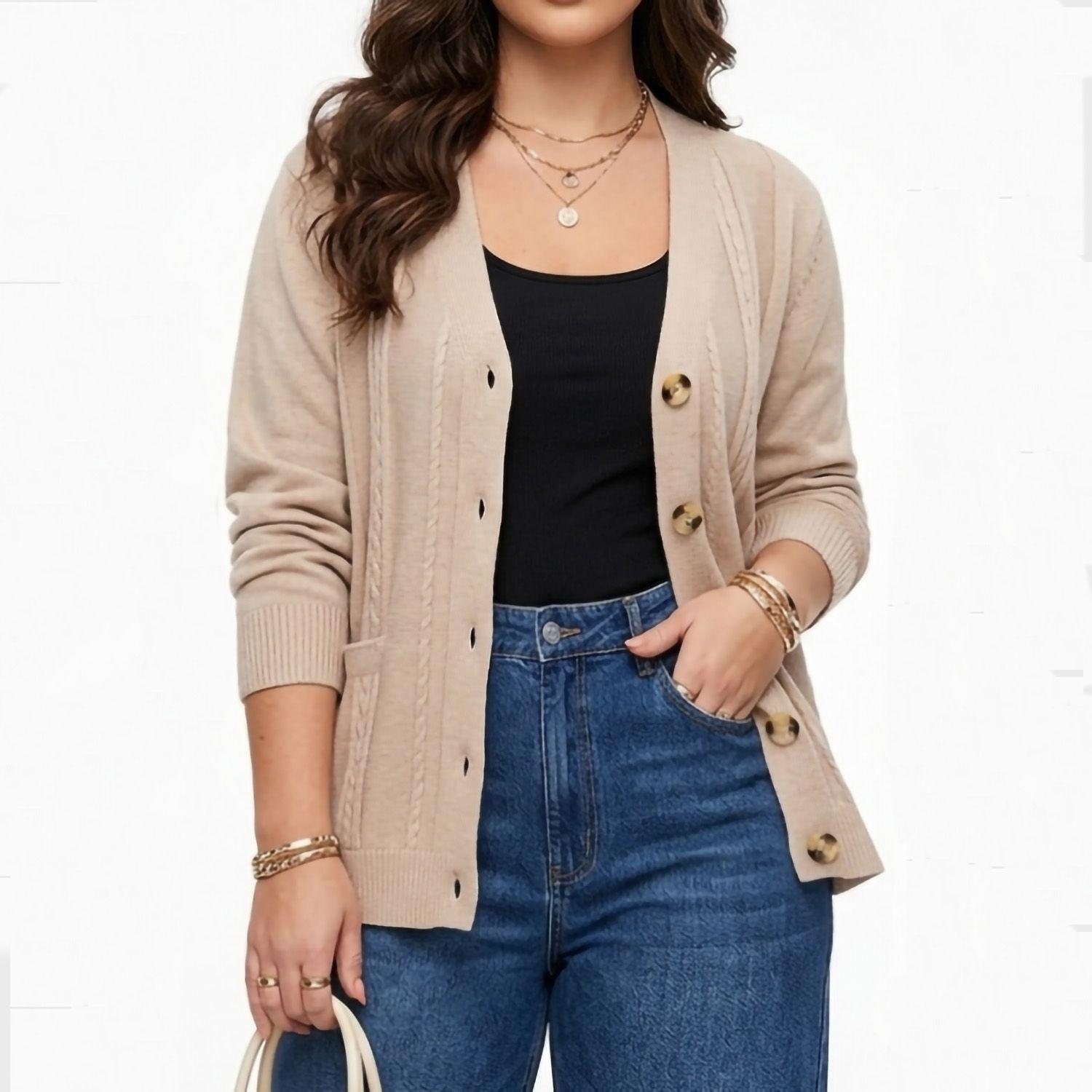 Cardigan Sweater Con Botones Bolsillos Chaleco Tejido Mujer-0
