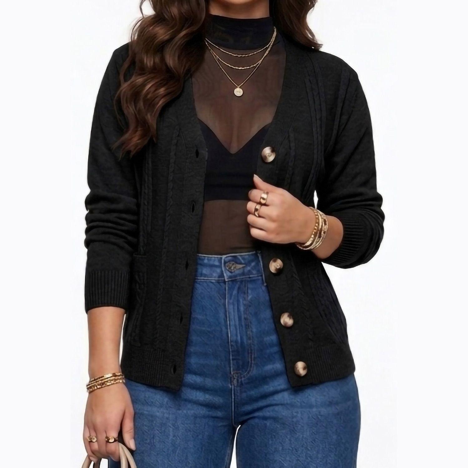 Cardigan Sweater Con Botones Bolsillos Chaleco Tejido Mujer-0