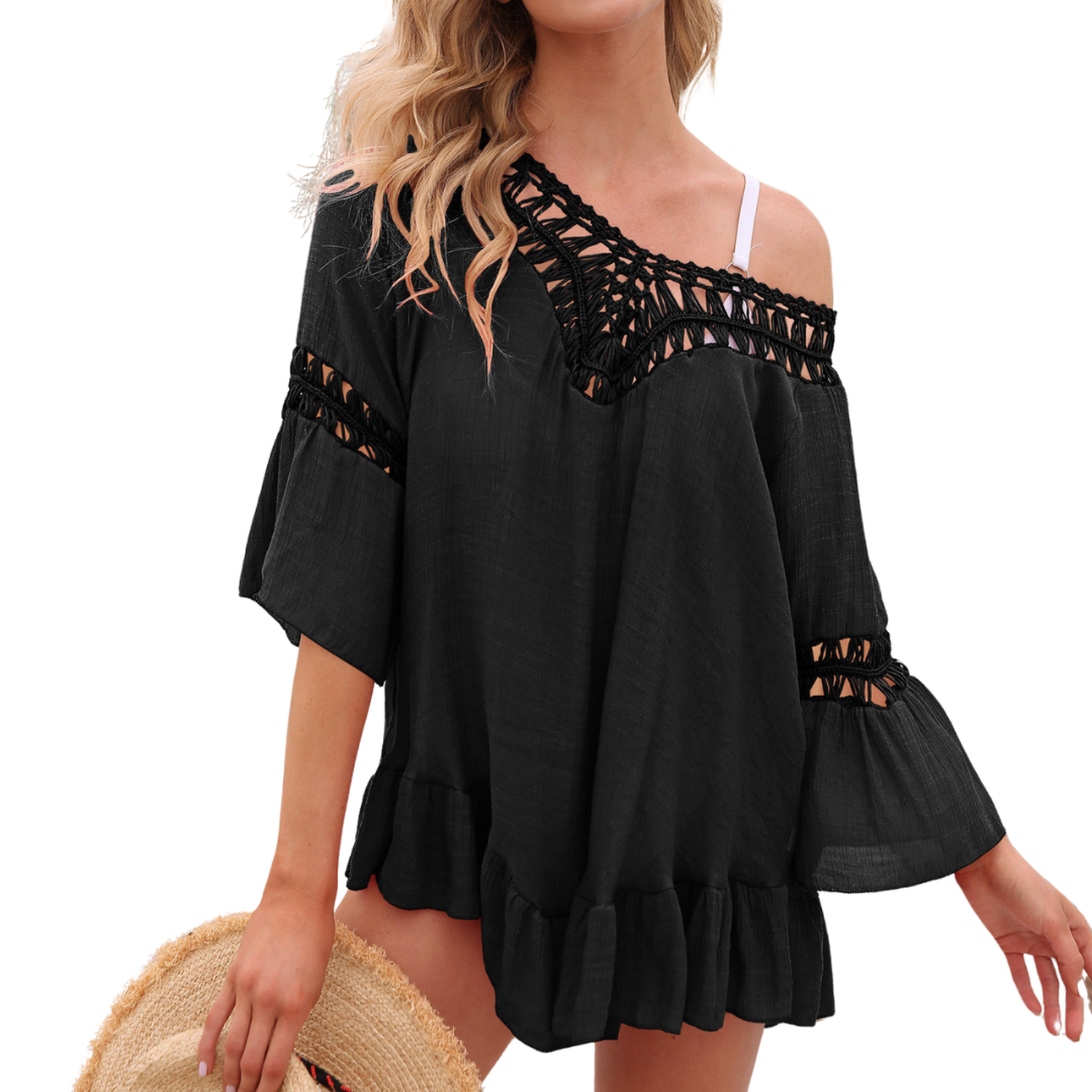 Salida de playa mujer Flare macramé Negro-1