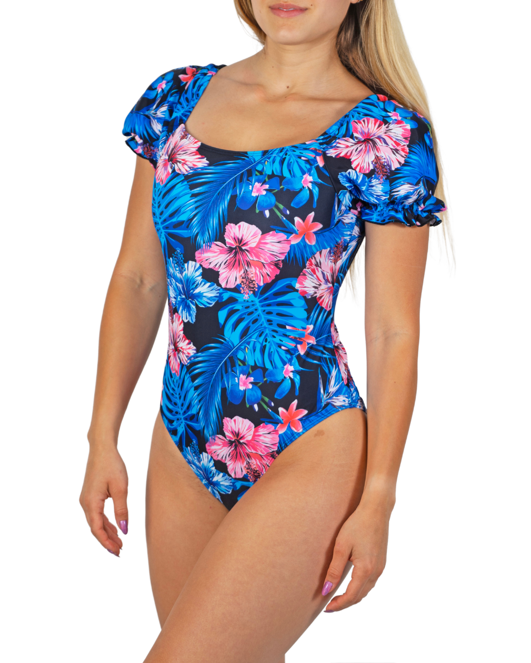 Traje de baño mangas estampado Floral azul-0
