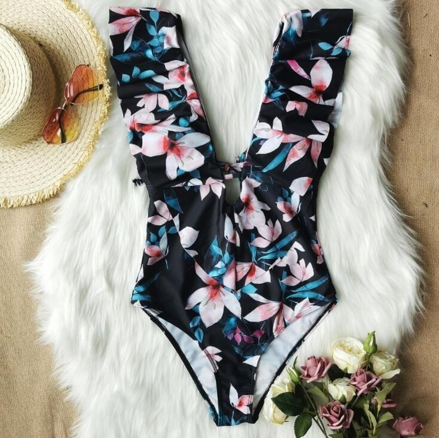 Traje De Baño Maria Floral Negro-3