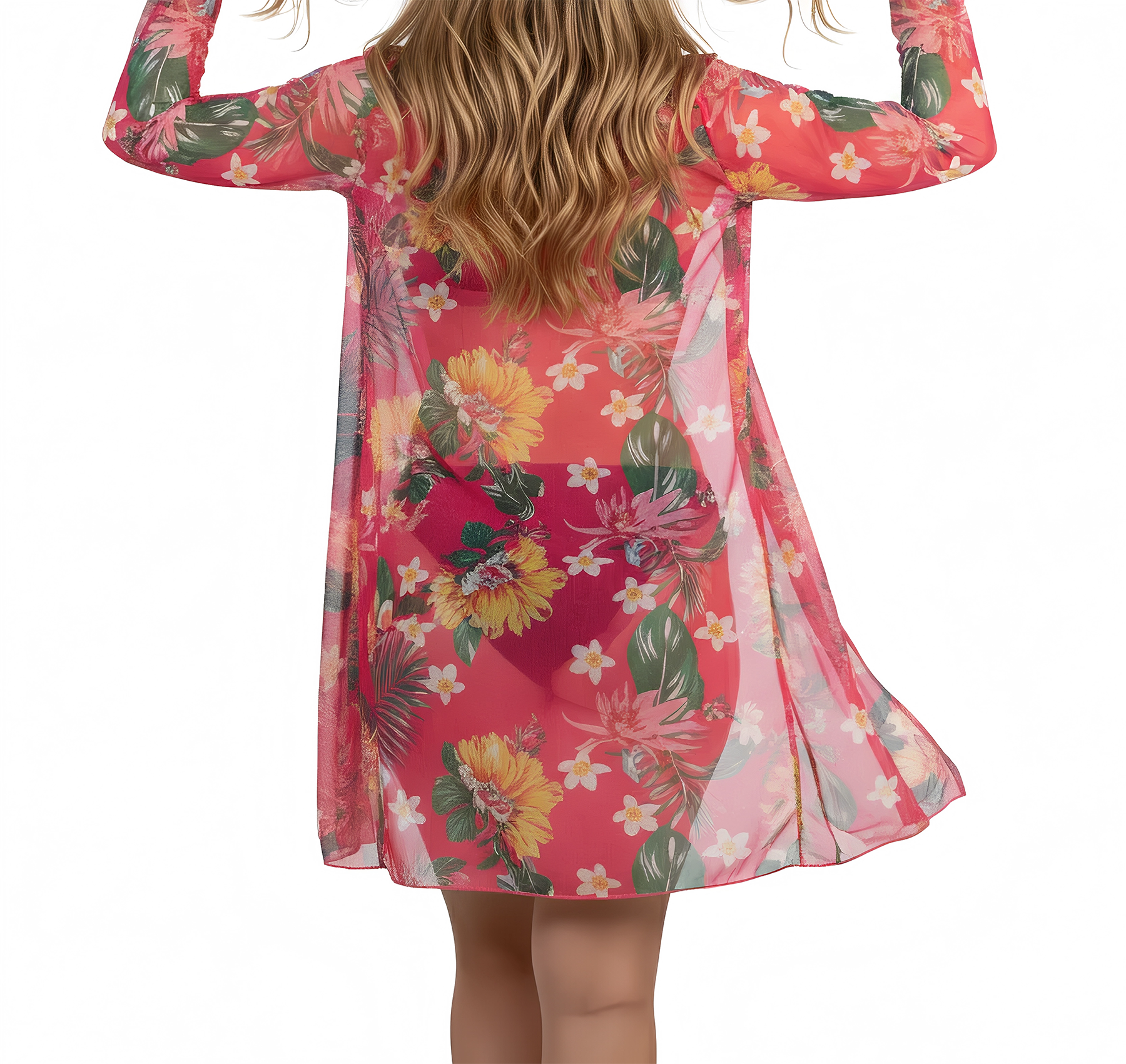 Kimono playa estampado Tropical Rosa-2