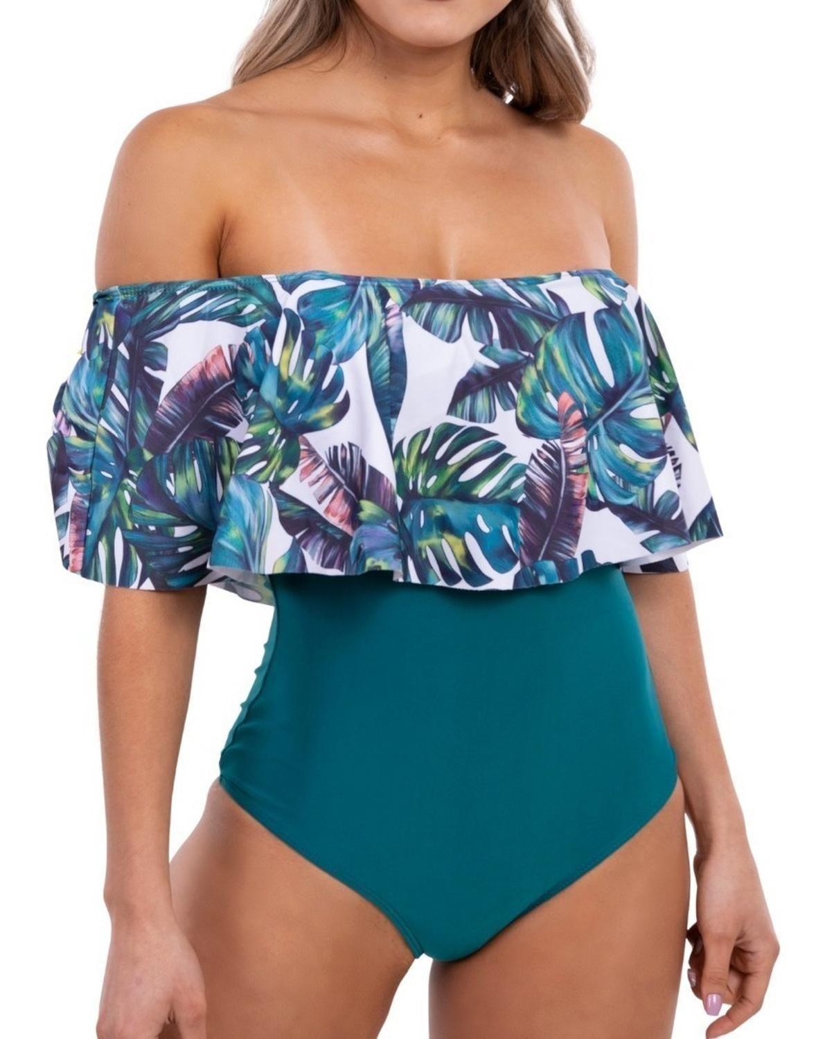 Traje De Baño Sin Hombros Negro Floral-0