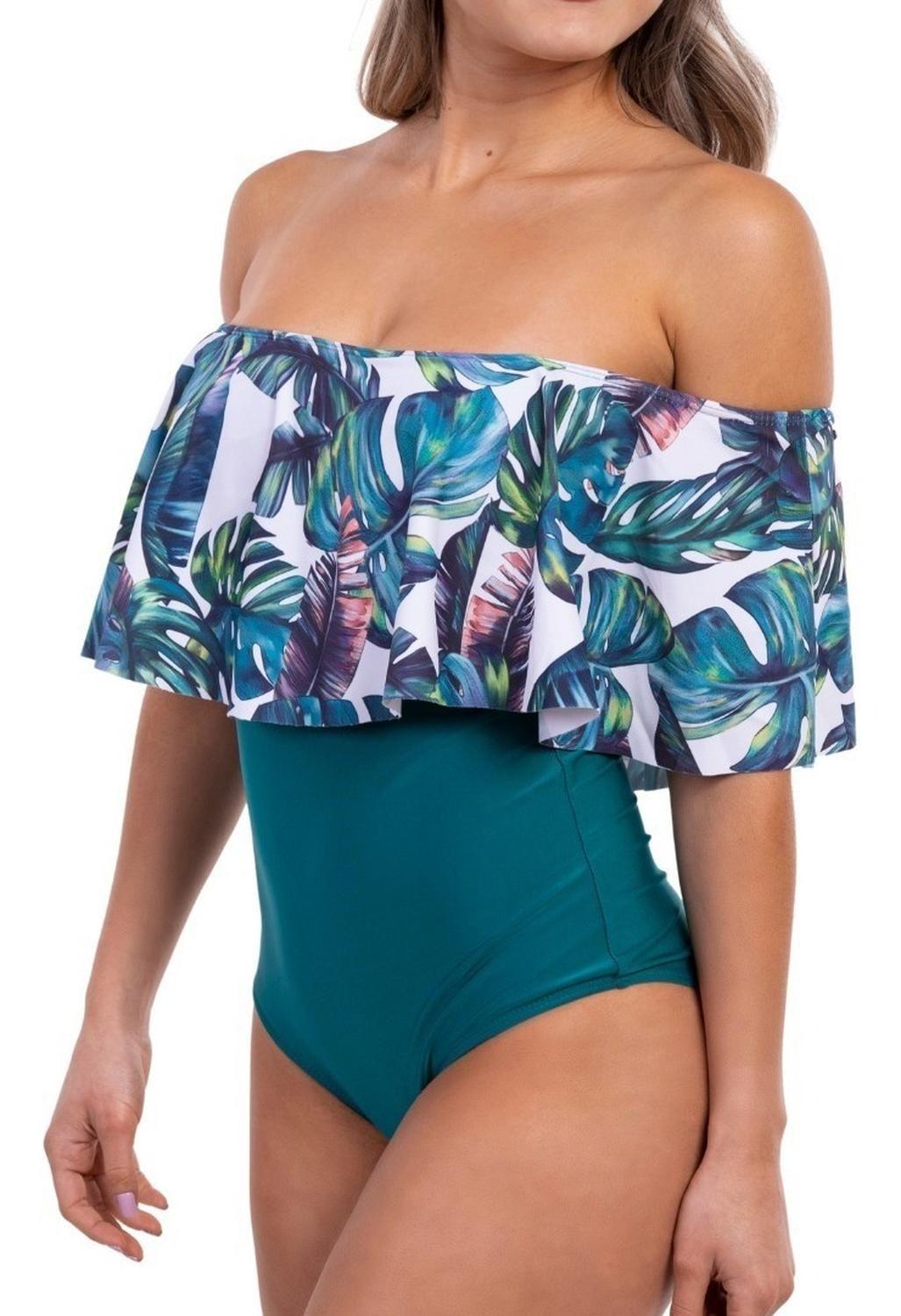 Traje De Baño Sin Hombros Negro Floral-1