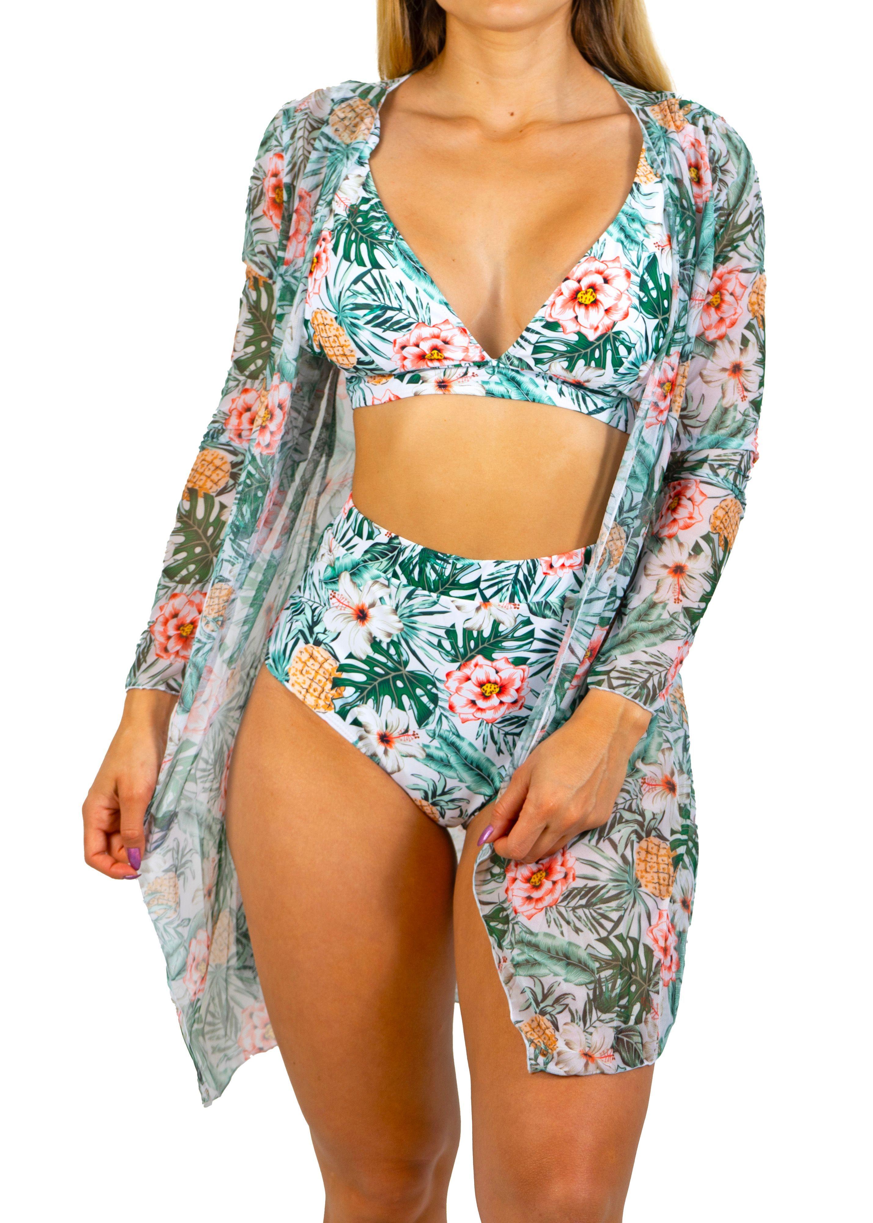 Bikini tiro alto Flora Verde colores + Kimono-0