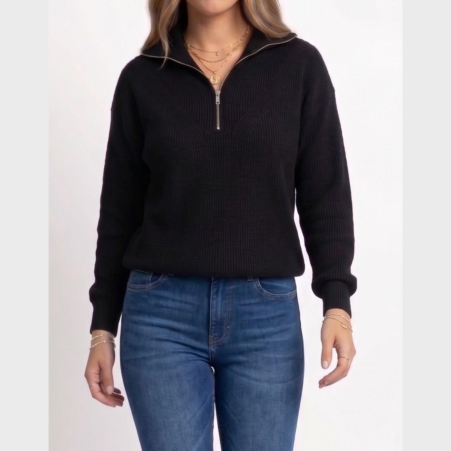 Sweater Tejido con Medio Cierre Metálico y Cuello Alto-0